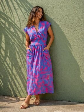 Vivid Pink and Blue Floral Maxi Dress - Women's